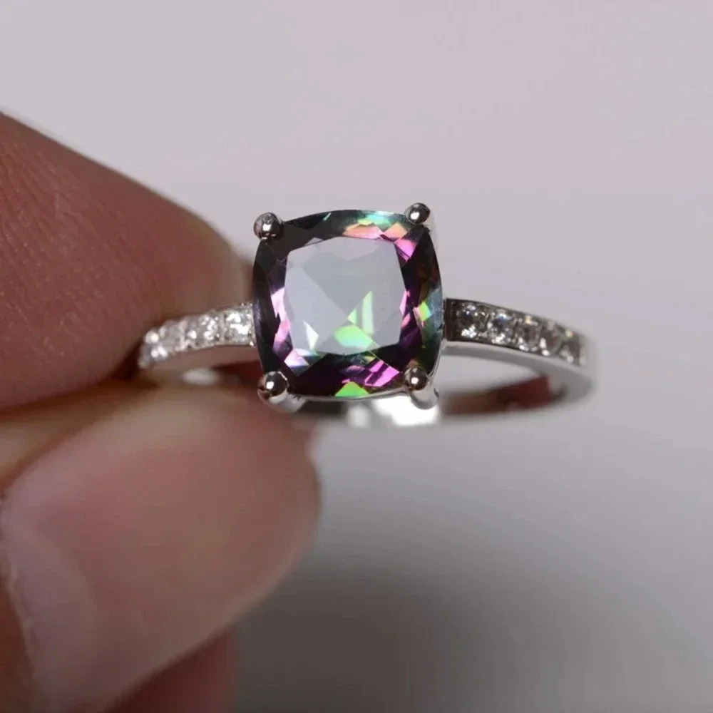 NEW 925 Sterling Silver Mystic Topaz Diamond Halo Cushion Cut Ring